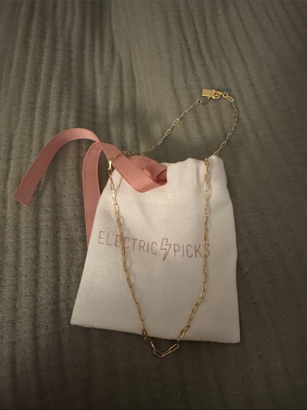 Electric Picks Gold Paperclip Chain Necklace - Pink Accent
